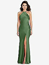 Front View Thumbnail - Vineyard Green Halter Convertible Strap Bias Slip Dress With Front Slit