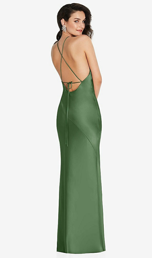 Back View - Vineyard Green Halter Convertible Strap Bias Slip Dress With Front Slit