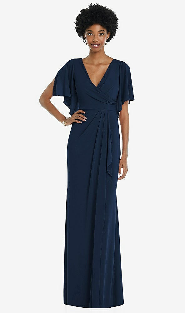 Front View - Midnight Navy Faux Wrap Split Sleeve Maxi Dress with Cascade Skirt
