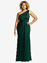 Front View Thumbnail - Hunter Green One-Shoulder Draped Twist Empire Waist Trumpet Gown