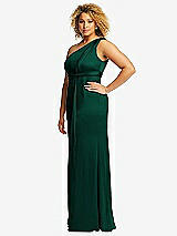 Side View Thumbnail - Hunter Green One-Shoulder Draped Twist Empire Waist Trumpet Gown