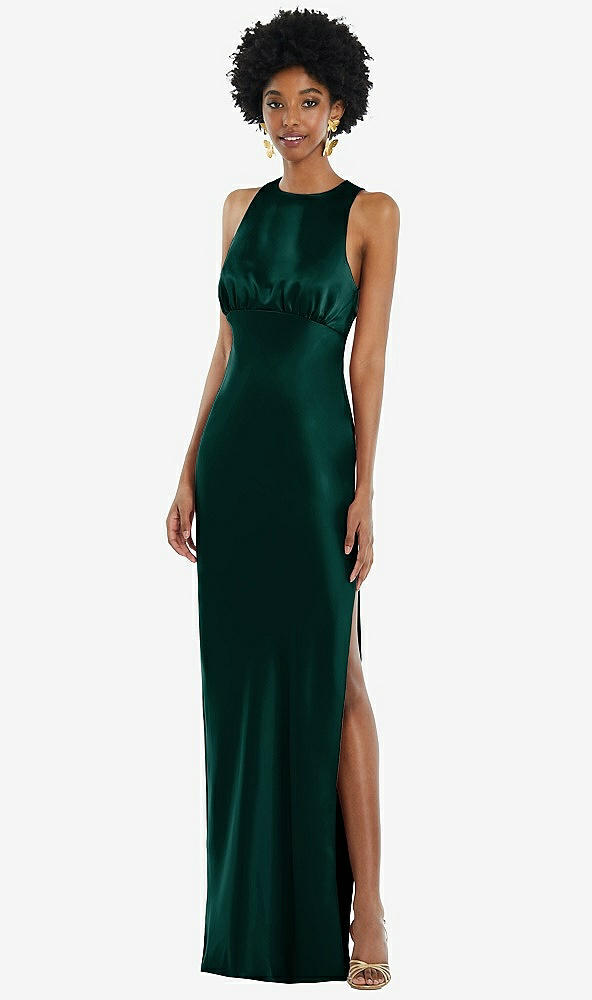 Front View - Evergreen Jewel Neck Sleeveless Maxi Dress with Bias Skirt