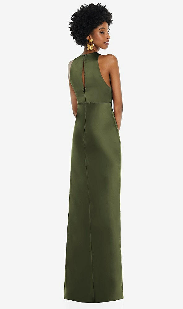 Back View - Olive Green Jewel Neck Sleeveless Maxi Dress with Bias Skirt
