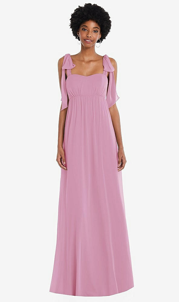 Front View - Powder Pink Convertible Tie-Shoulder Empire Waist Maxi Dress