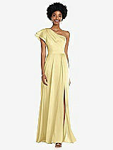 Front View Thumbnail - Pale Yellow Draped One-Shoulder Flutter Sleeve Maxi Dress with Front Slit