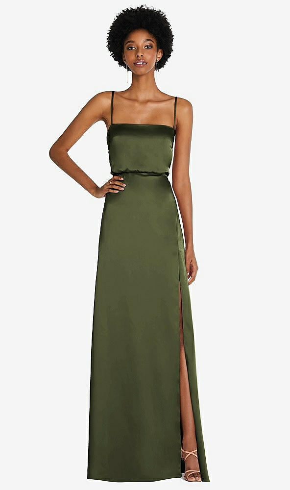 Front View - Olive Green Low Tie-Back Maxi Dress with Adjustable Skinny Straps
