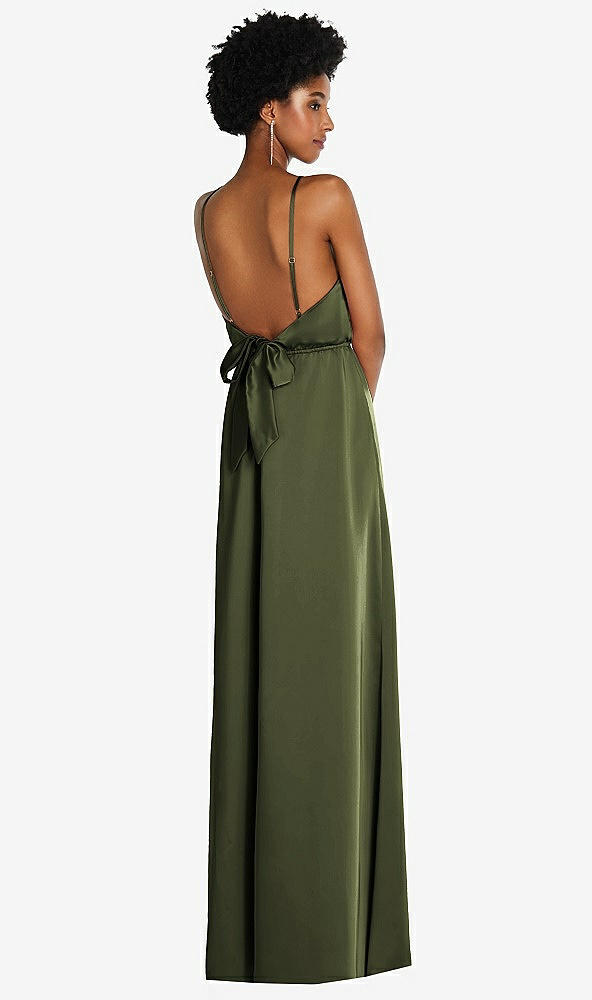 Back View - Olive Green Low Tie-Back Maxi Dress with Adjustable Skinny Straps