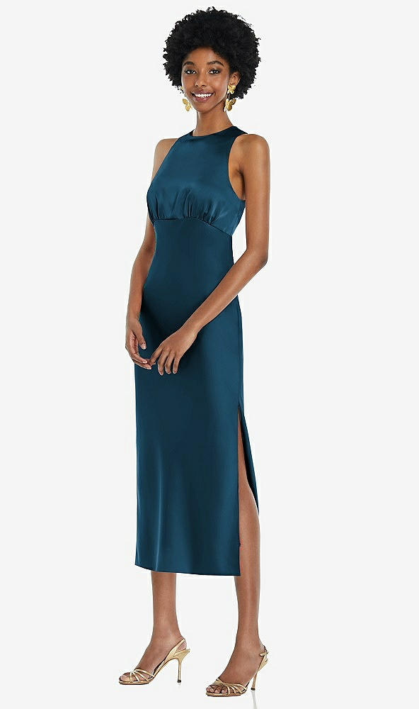 Front View - Atlantic Blue Jewel Neck Sleeveless Midi Dress with Bias Skirt