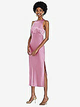 Front View Thumbnail - Powder Pink Jewel Neck Sleeveless Midi Dress with Bias Skirt