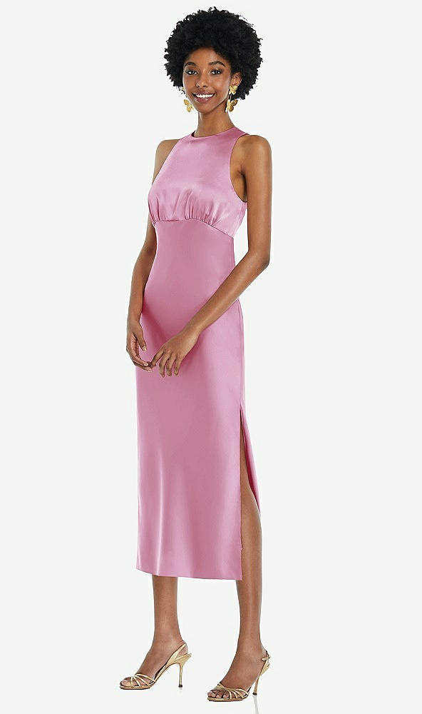 Front View - Powder Pink Jewel Neck Sleeveless Midi Dress with Bias Skirt