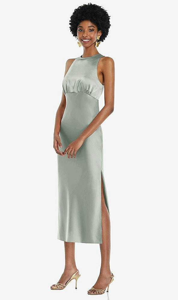 Front View - Willow Green Jewel Neck Sleeveless Midi Dress with Bias Skirt