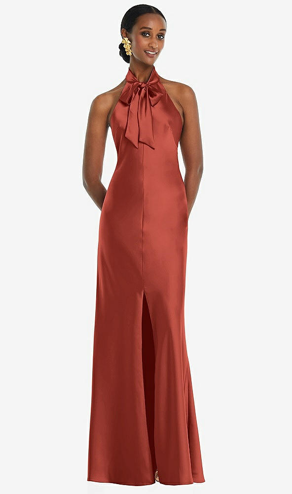 Front View - Amber Sunset Scarf Tie Stand Collar Maxi Dress with Front Slit