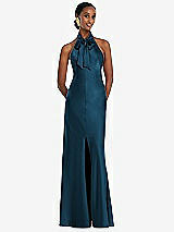 Front View Thumbnail - Atlantic Blue Scarf Tie Stand Collar Maxi Dress with Front Slit