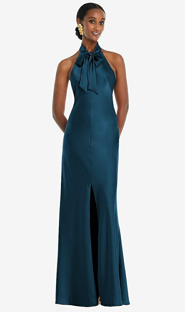 Front View - Atlantic Blue Scarf Tie Stand Collar Maxi Dress with Front Slit