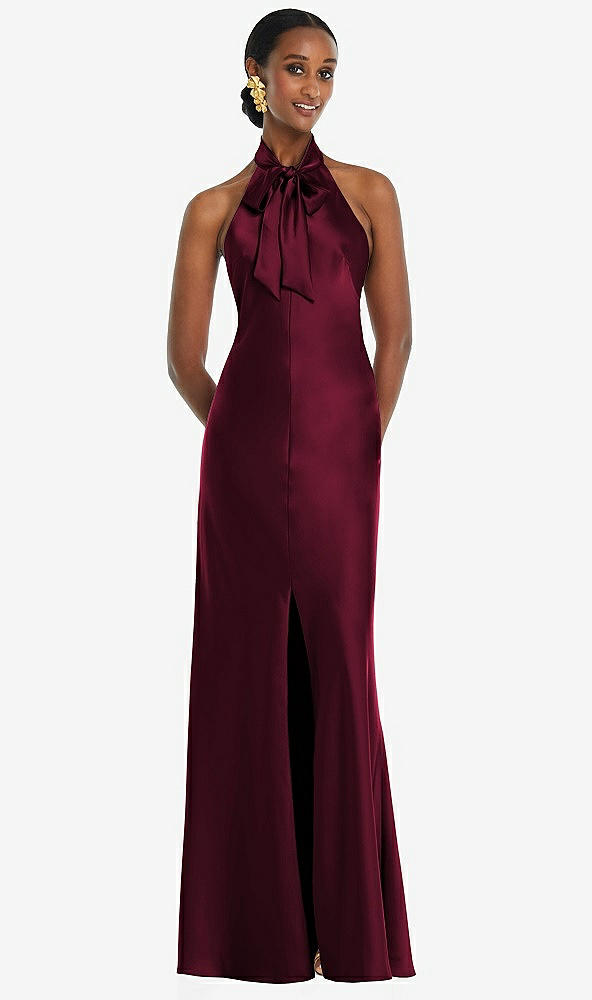 Front View - Cabernet Scarf Tie Stand Collar Maxi Dress with Front Slit