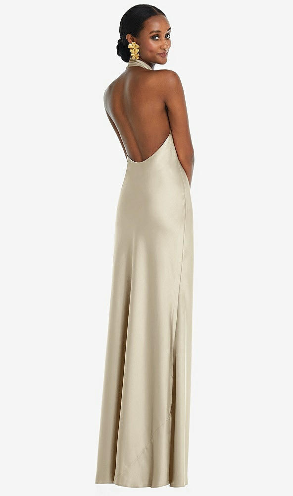 Back View - Champagne Scarf Tie Stand Collar Maxi Dress with Front Slit
