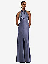 Front View Thumbnail - French Blue Scarf Tie Stand Collar Maxi Dress with Front Slit