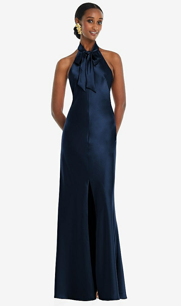 Front View - Midnight Navy Scarf Tie Stand Collar Maxi Dress with Front Slit