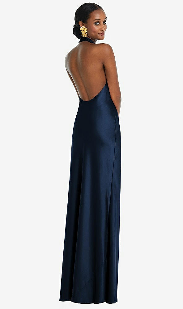 Back View - Midnight Navy Scarf Tie Stand Collar Maxi Dress with Front Slit