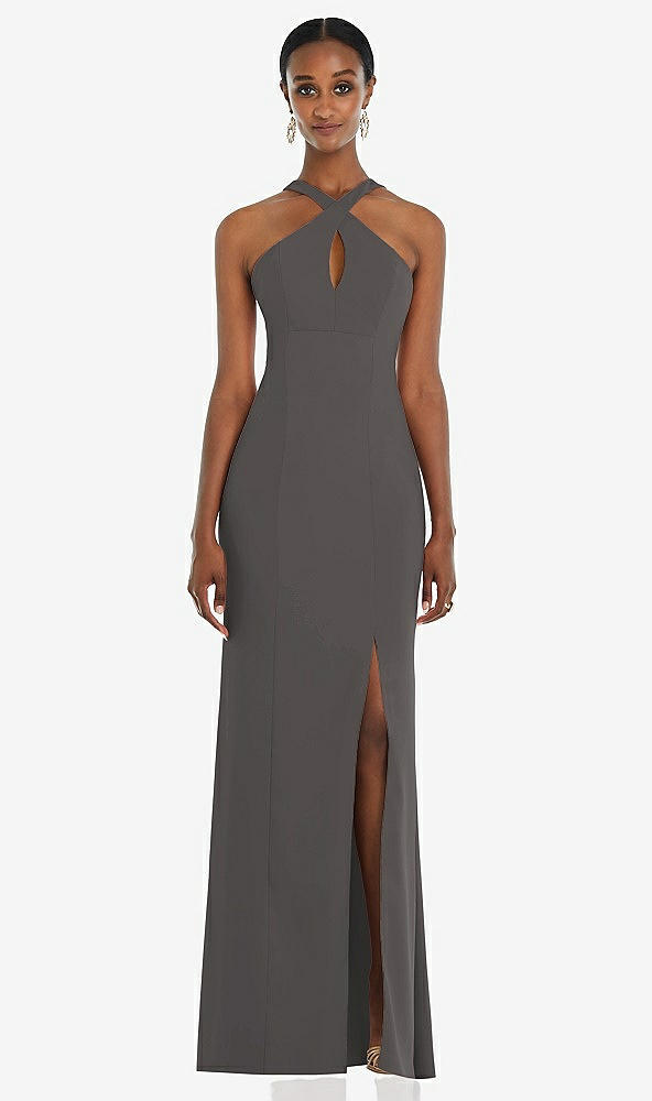 Front View - Caviar Gray Criss Cross Halter Princess Line Trumpet Gown