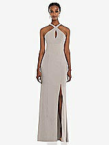 Front View Thumbnail - Taupe Criss Cross Halter Princess Line Trumpet Gown