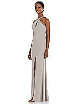 Side View Thumbnail - Taupe Criss Cross Halter Princess Line Trumpet Gown