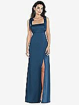 Front View Thumbnail - Dusk Blue Flat Tie-Shoulder Empire Waist Maxi Dress with Front Slit