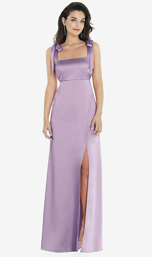 Front View - Pale Purple Flat Tie-Shoulder Empire Waist Maxi Dress with Front Slit