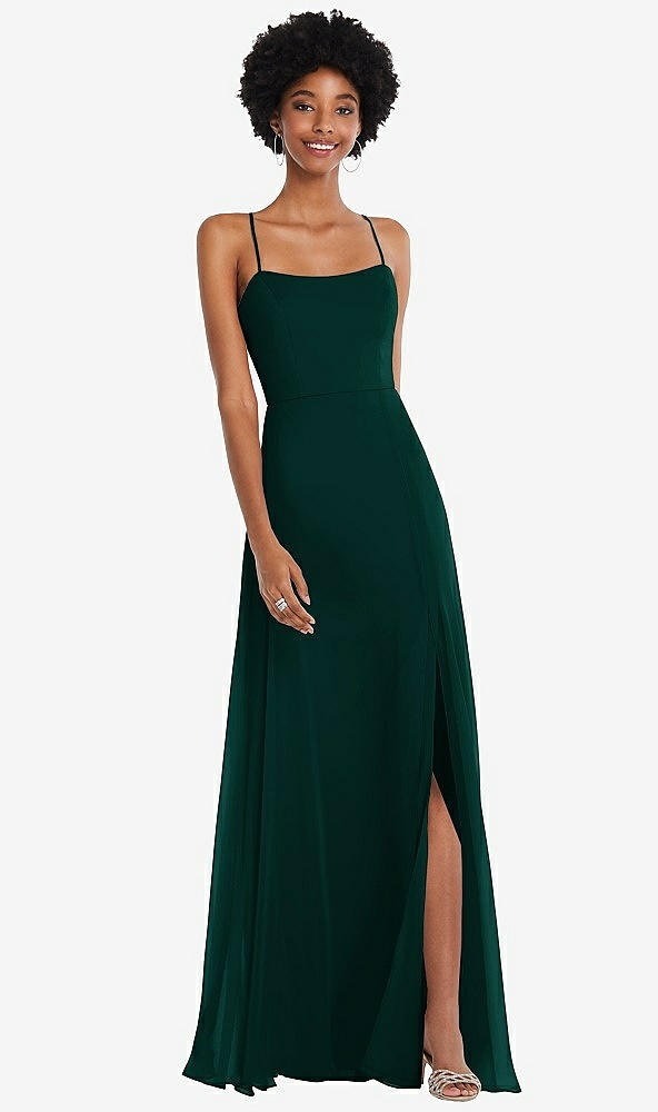 Front View - Evergreen Scoop Neck Convertible Tie-Strap Maxi Dress with Front Slit
