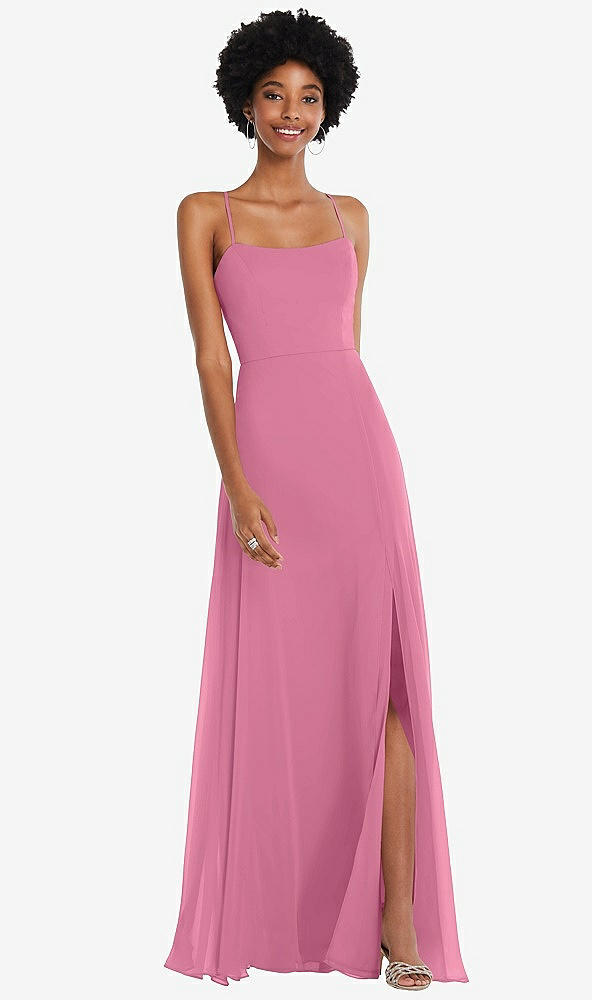 Front View - Orchid Pink Scoop Neck Convertible Tie-Strap Maxi Dress with Front Slit