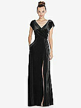 Front View Thumbnail - Black Cap Sleeve Faux Wrap Velvet Maxi Dress with Pockets
