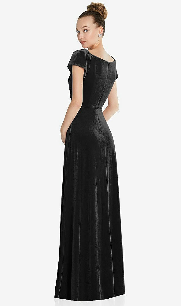 Back View - Black Cap Sleeve Faux Wrap Velvet Maxi Dress with Pockets
