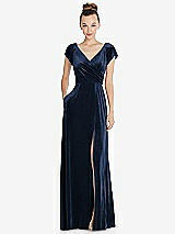 Front View Thumbnail - Midnight Navy Cap Sleeve Faux Wrap Velvet Maxi Dress with Pockets