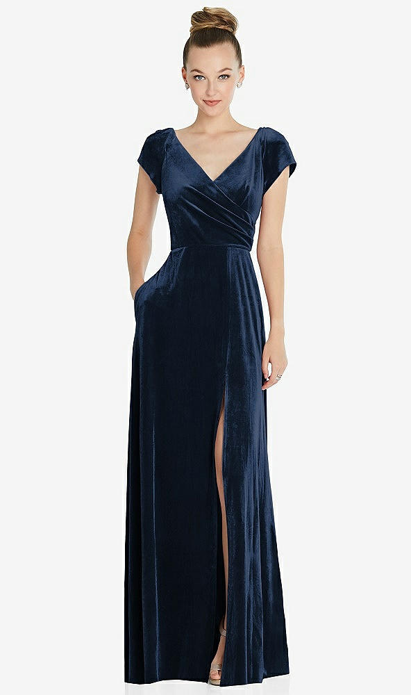 Front View - Midnight Navy Cap Sleeve Faux Wrap Velvet Maxi Dress with Pockets