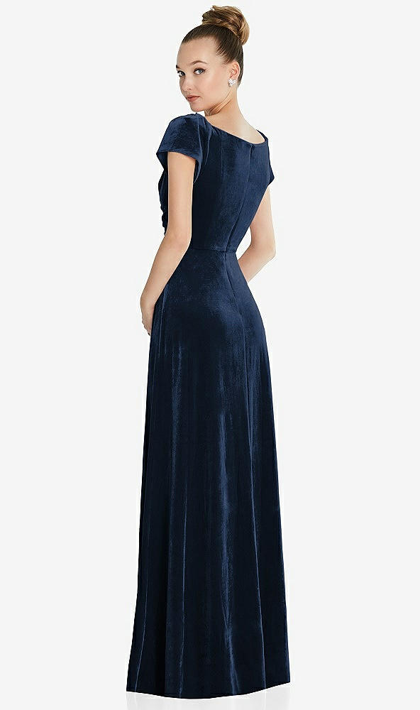Back View - Midnight Navy Cap Sleeve Faux Wrap Velvet Maxi Dress with Pockets