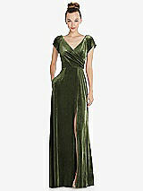 Front View Thumbnail - Olive Green Cap Sleeve Faux Wrap Velvet Maxi Dress with Pockets