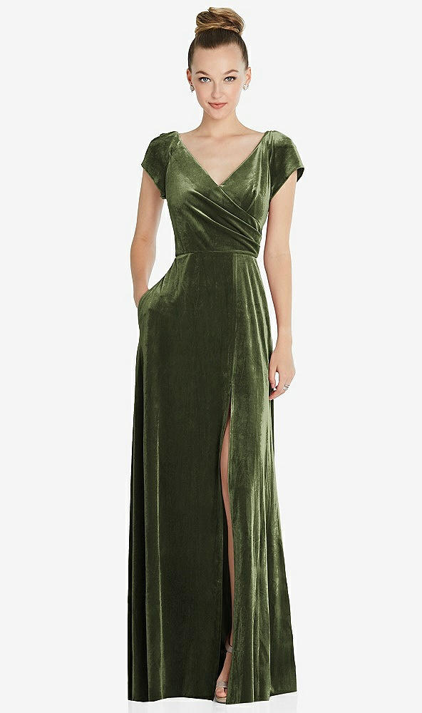 Front View - Olive Green Cap Sleeve Faux Wrap Velvet Maxi Dress with Pockets