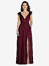 Front View Thumbnail - Cabernet Deep V-Neck Ruffle Cap Sleeve Maxi Dress with Convertible Straps