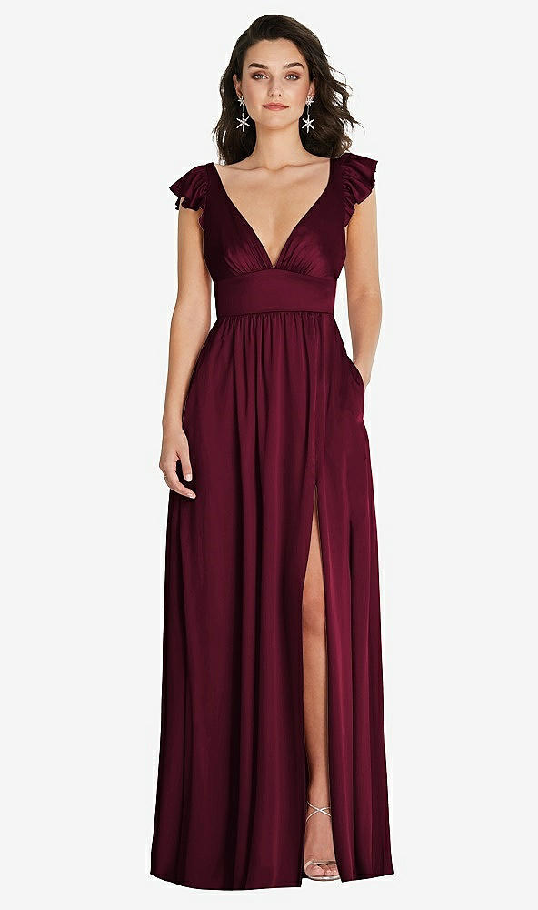 Front View - Cabernet Deep V-Neck Ruffle Cap Sleeve Maxi Dress with Convertible Straps