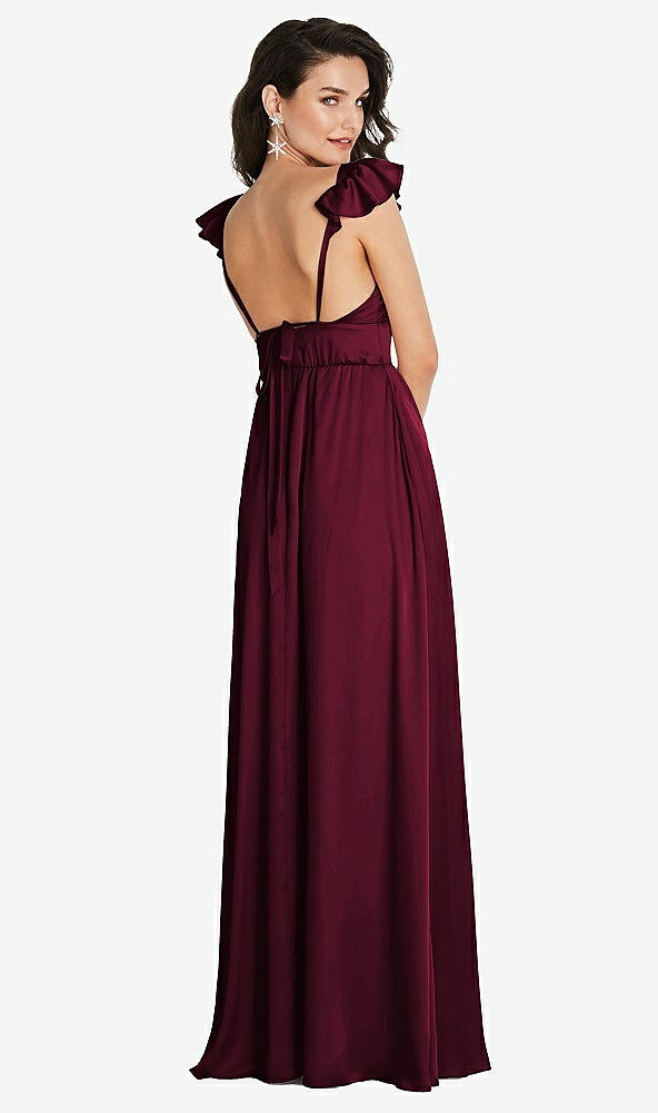 Back View - Cabernet Deep V-Neck Ruffle Cap Sleeve Maxi Dress with Convertible Straps