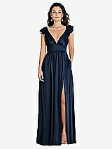 Front View Thumbnail - Midnight Navy Deep V-Neck Ruffle Cap Sleeve Maxi Dress with Convertible Straps