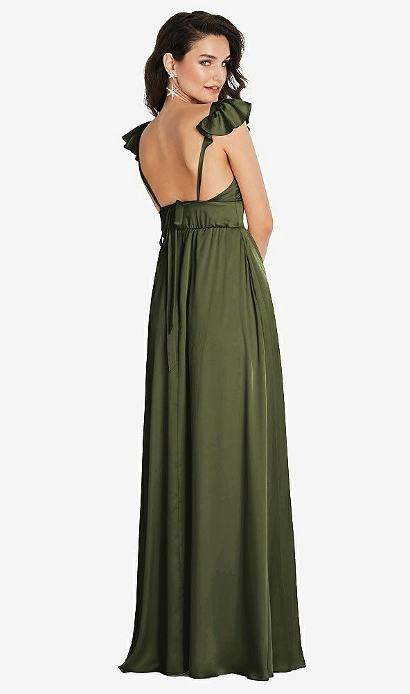 Back View - Olive Green Deep V-Neck Ruffle Cap Sleeve Maxi Dress with Convertible Straps