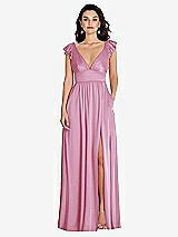 Front View Thumbnail - Powder Pink Deep V-Neck Ruffle Cap Sleeve Maxi Dress with Convertible Straps