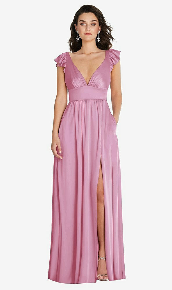 Front View - Powder Pink Deep V-Neck Ruffle Cap Sleeve Maxi Dress with Convertible Straps