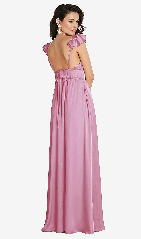 Back View - Powder Pink Deep V-Neck Ruffle Cap Sleeve Maxi Dress with Convertible Straps