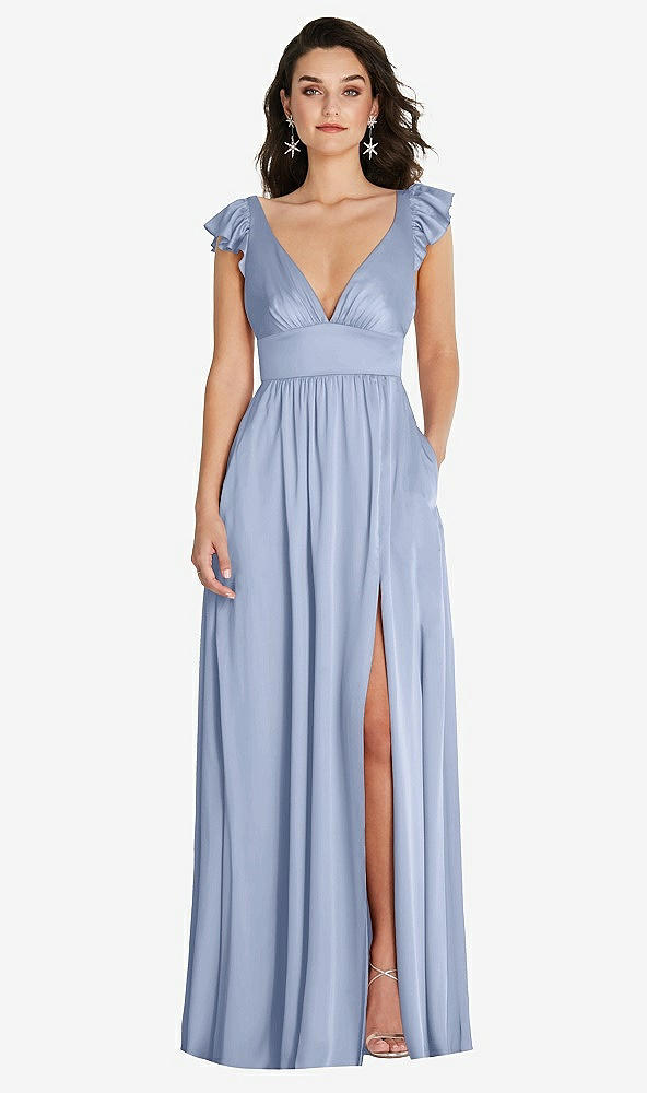 Front View - Sky Blue Deep V-Neck Ruffle Cap Sleeve Maxi Dress with Convertible Straps