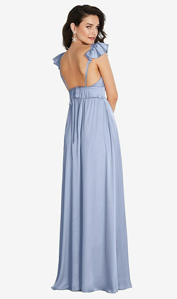 Back View - Sky Blue Deep V-Neck Ruffle Cap Sleeve Maxi Dress with Convertible Straps
