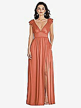 Front View Thumbnail - Terracotta Copper Deep V-Neck Ruffle Cap Sleeve Maxi Dress with Convertible Straps
