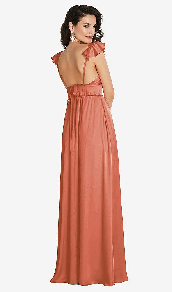 Back View - Terracotta Copper Deep V-Neck Ruffle Cap Sleeve Maxi Dress with Convertible Straps