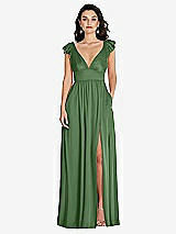 Front View Thumbnail - Vineyard Green Deep V-Neck Ruffle Cap Sleeve Maxi Dress with Convertible Straps